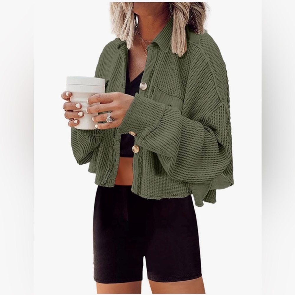 Green waffle Knit cropped Cardigan
